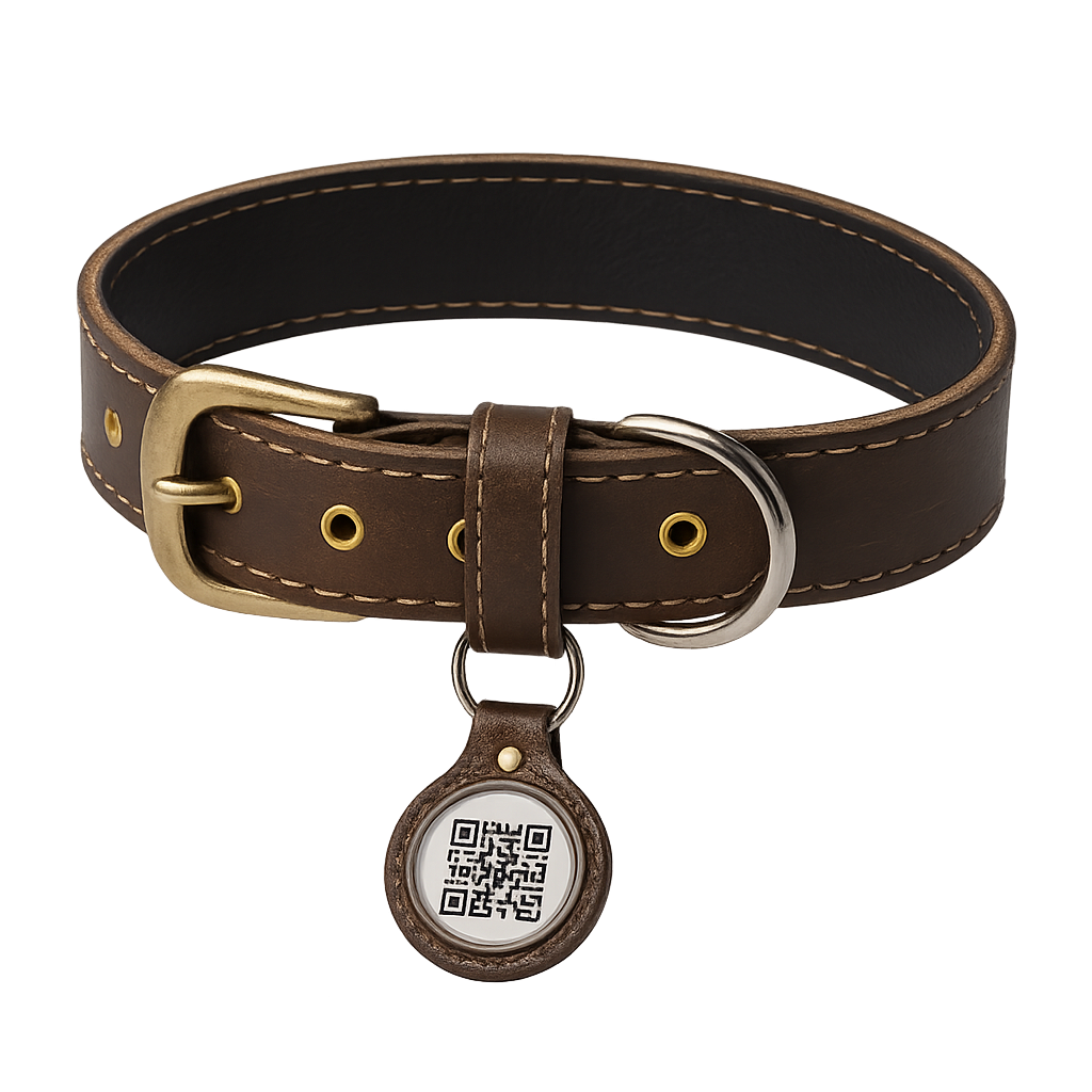 Collar OruPet de cuero marrón con tag QR